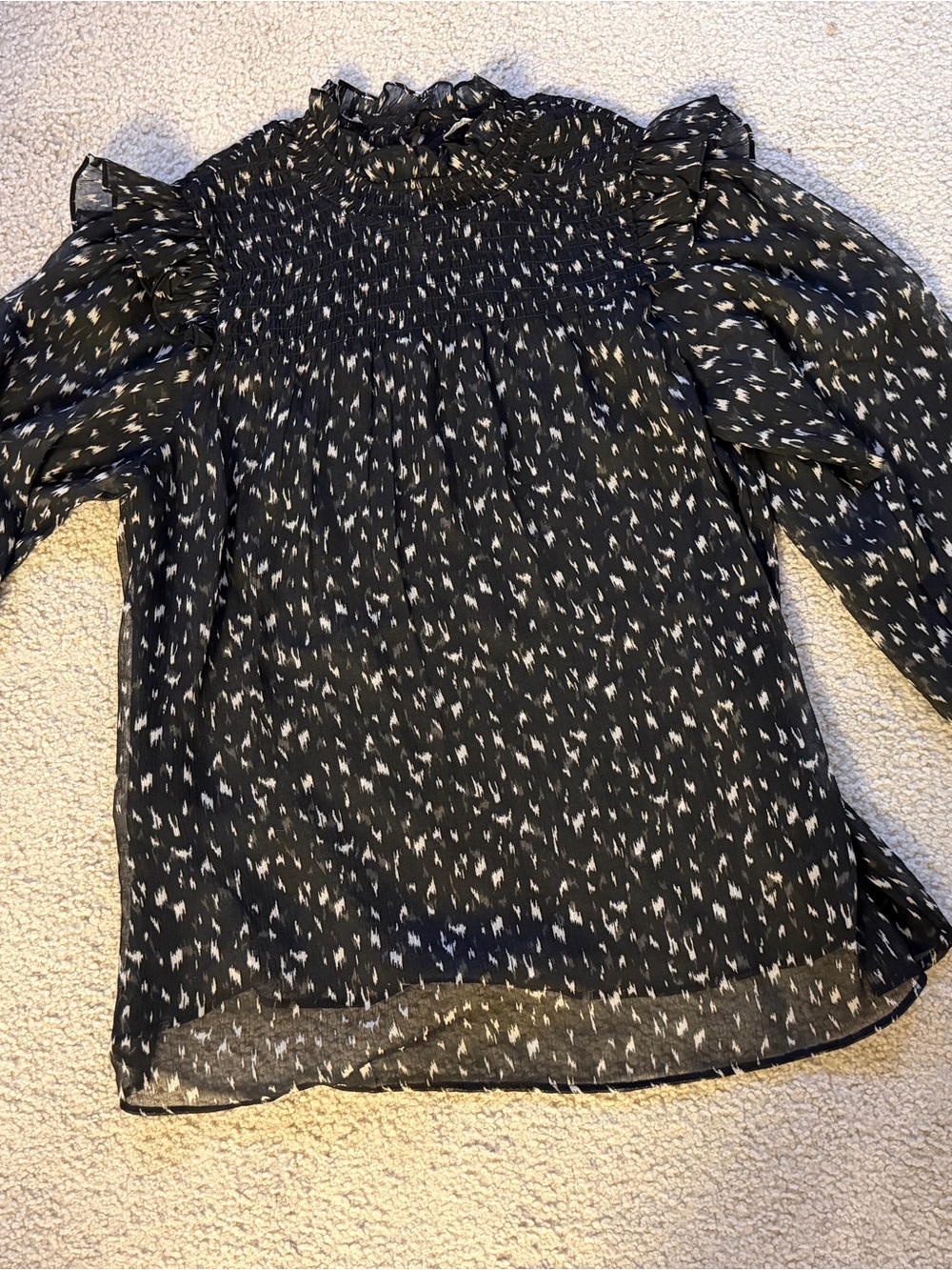 NWT BCBG Black Patterned Ruffle-Neck Women's Blouse